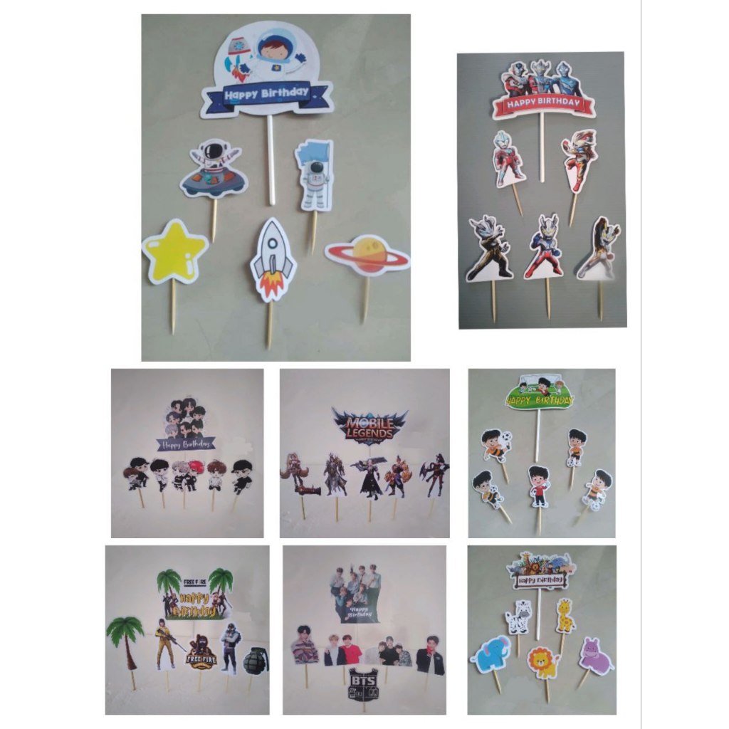 Topper tusuk karakter kue tart topper kertas topper happy birthday karakter FREE FIRE MOBILE LEGENDS