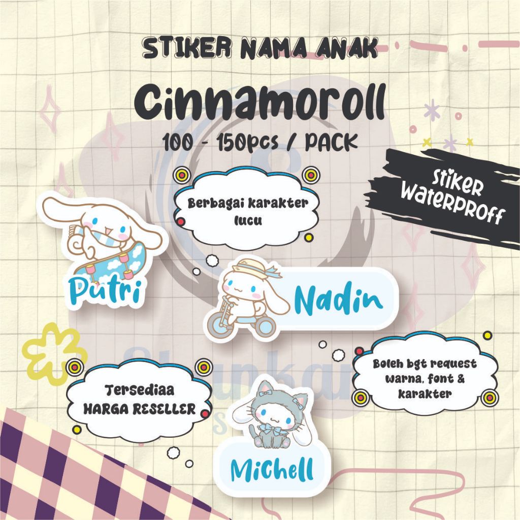 

( 100-150pcs) Stiker Nama TEMA CINNAMOROLL / Stiker Custom / Stiker Langsung Tempel / Stiker Efek Hologram