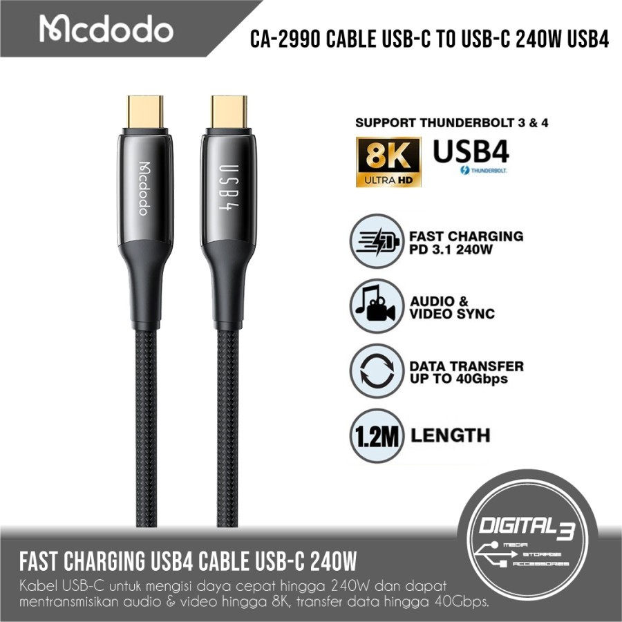 Mcdodo Kabel Data USB4 CA-2990 USB C to C 240W 8K Audio Video HD 1.2m