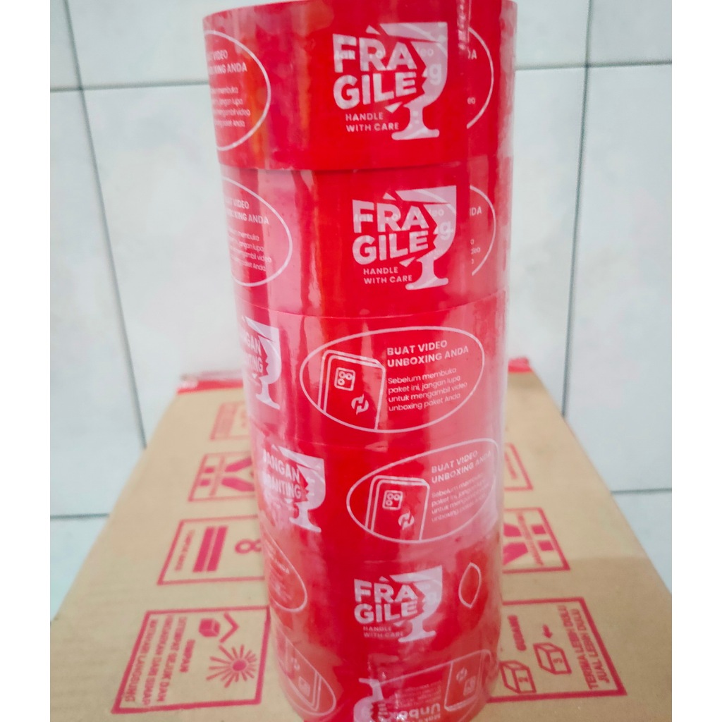 

Lakban Fragile 1 Slop Isi 6 Roll 2 Inch 45mm x 100 yard Selotip Unboxing Packing Jangan Di Banting Isolasi Opp Merah