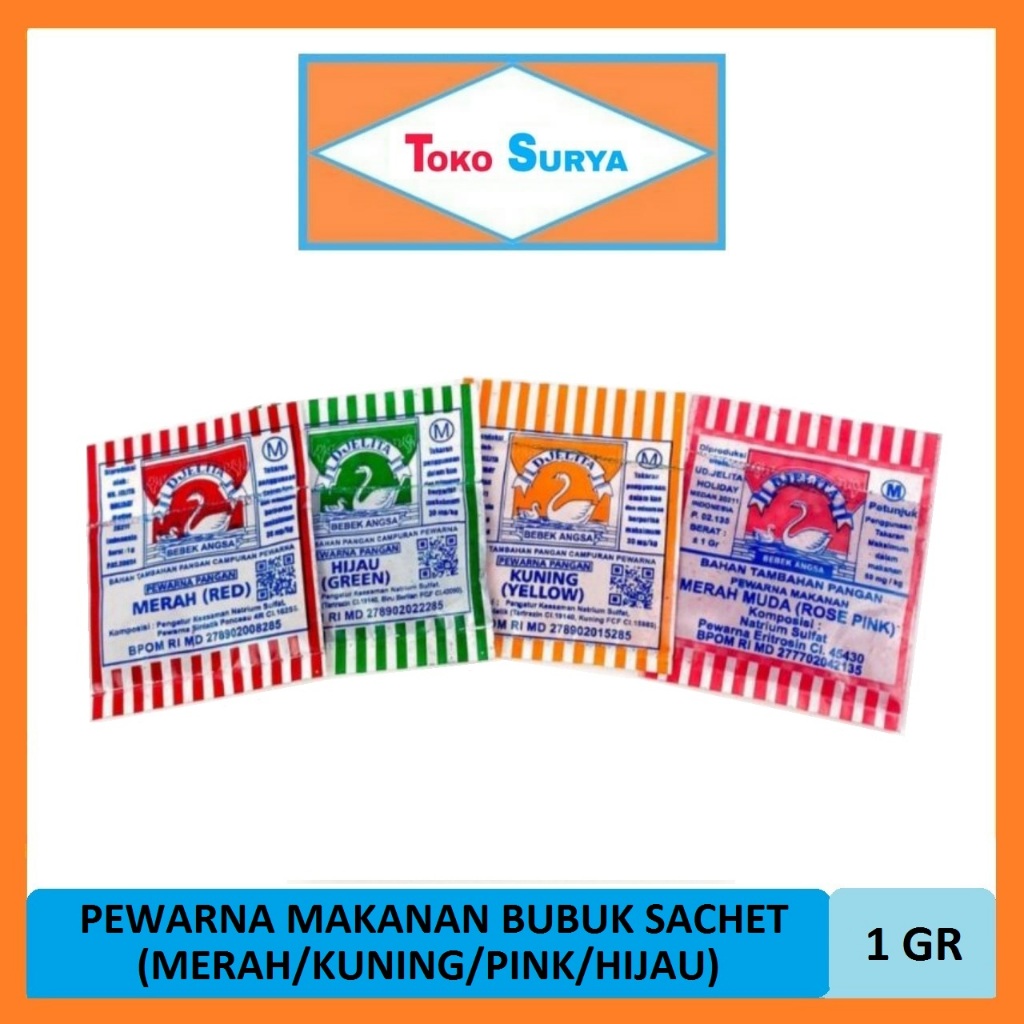 

Gincu Angsa Sachet Gincu Bubuk Pewarna Makanan Merah/Kuning/Pink/Hijau 1 Gr (Pcs)