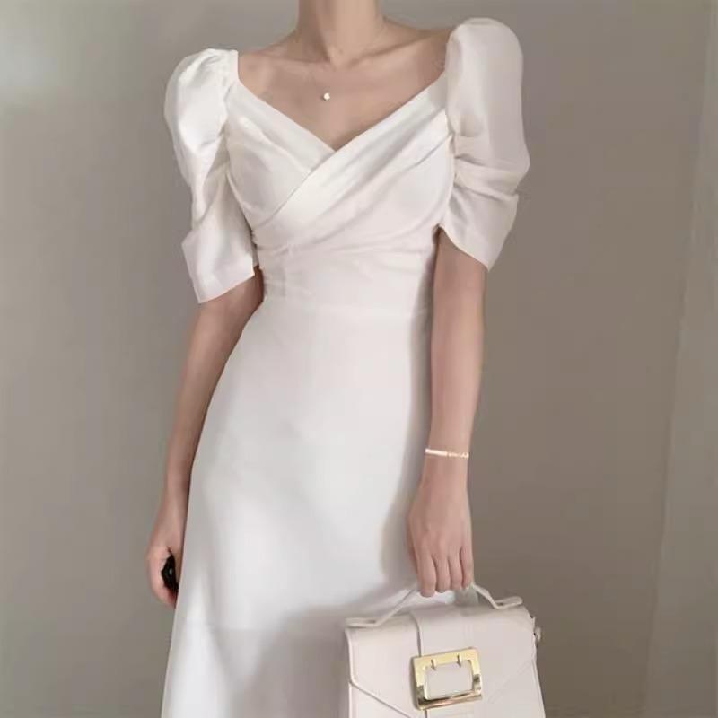 Otaru Dress Sabrina Simple Basic Plain Korean Chic Minimalis Casual Party Dinner White Pink Midi Gau