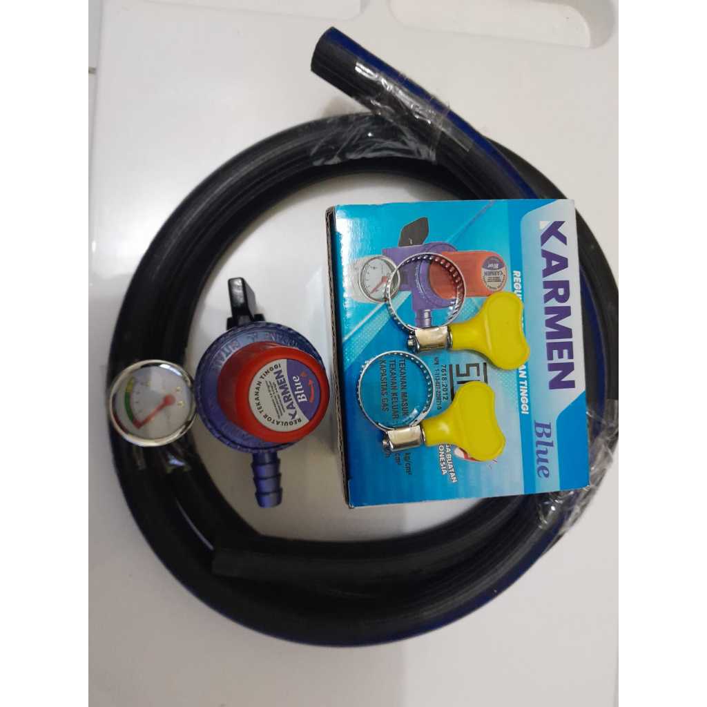 Selang 3 lapis 1.8 m dan Regulator Karmen Gas HP Meter - regulator tekanan tinggi Winn Karmen Meter 