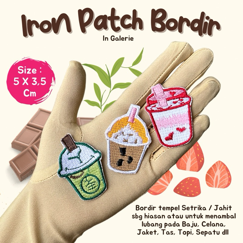 (TINGGAL SETRIKA) Bisa di jahit Emblem Bordir Boba Milk Matcha Choco Berry Emblem Tambalan Kaos Bolo