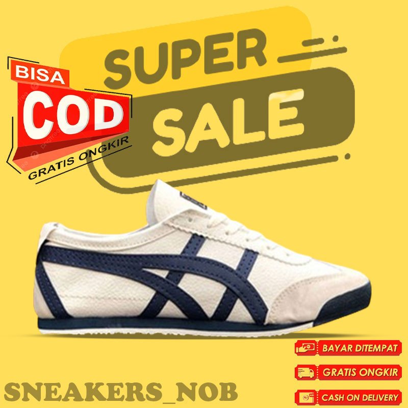 Sepatu Sneakers Asics Onitsuka Tiger Pria Wanita Cream Navy Kulit Sintetis Quality Premium Made In V