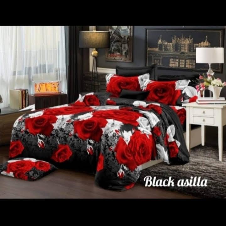 sprei kartun motif bunga asila jumbo mawar merah hitam putih