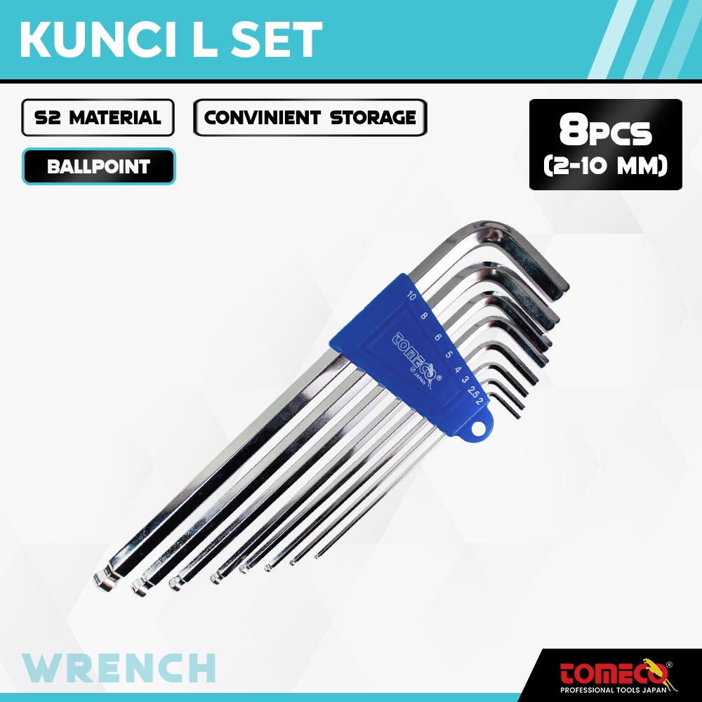 Kunci L Ballpoint Set 8Pcs (2-10mm) Tomeco Hex Key Set