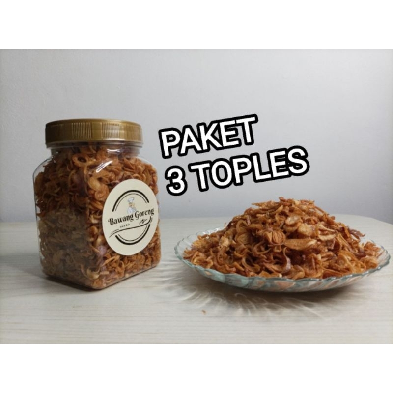 

PAKET 3 TOPLES (ASLI) Brambang Goreng (Bawang Merah Brebes) Tanpa Campuran Tepung Sedikitpun Toples 340ml 135gr