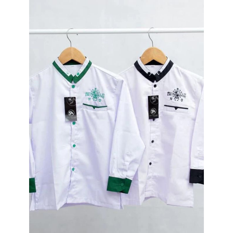 Baju Koko NU Anak Laki-laki Kemko NU Anak SD Kerah dobel putih lis hijau