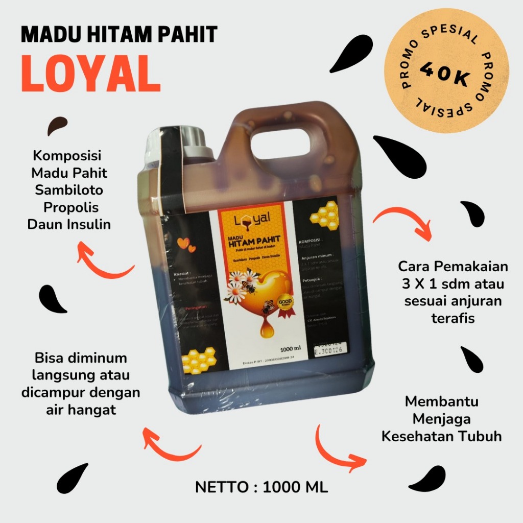 

Madu Hitam Pahit Loyal 1000gr - Madu Hitam Pahit Sambiloto Propolis Daun Insulin
