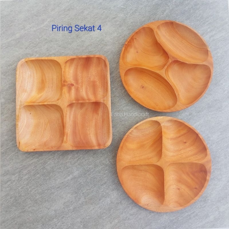 piring kayu/piring sekat 4/piring saji/piring makan anak/piring diet kayu mahoni 23cm
