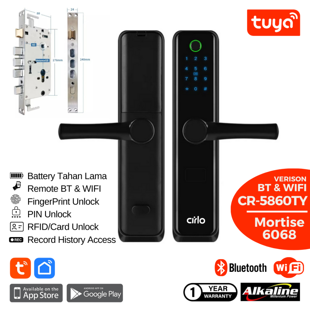 

[TERMURAH] Door Lock Cirlo Handle CR-5860TY [Black] Mortise 6068 (Tuya Smart Life)