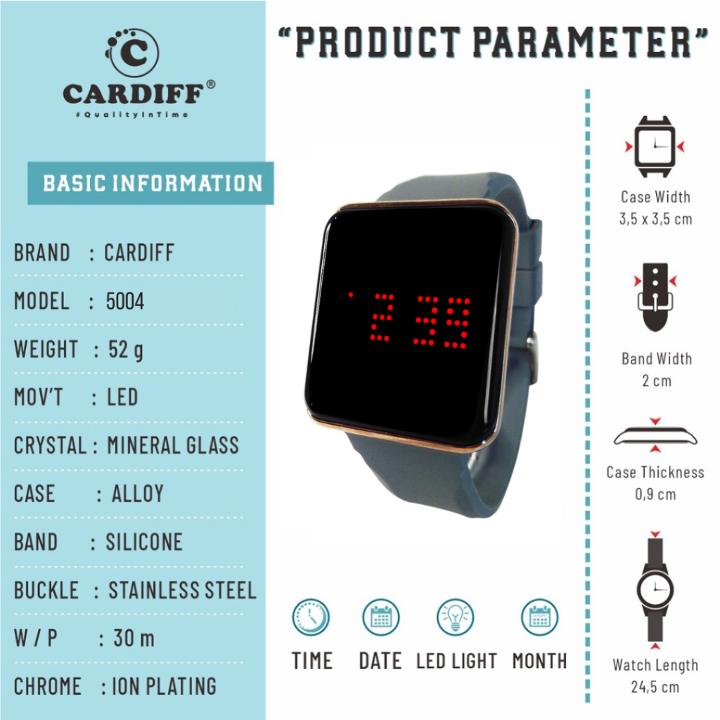 WTT CARDIFF Jam tangan LED sport pria wanita waterproof 5004 Rose Gold Rubber Silicon Karet