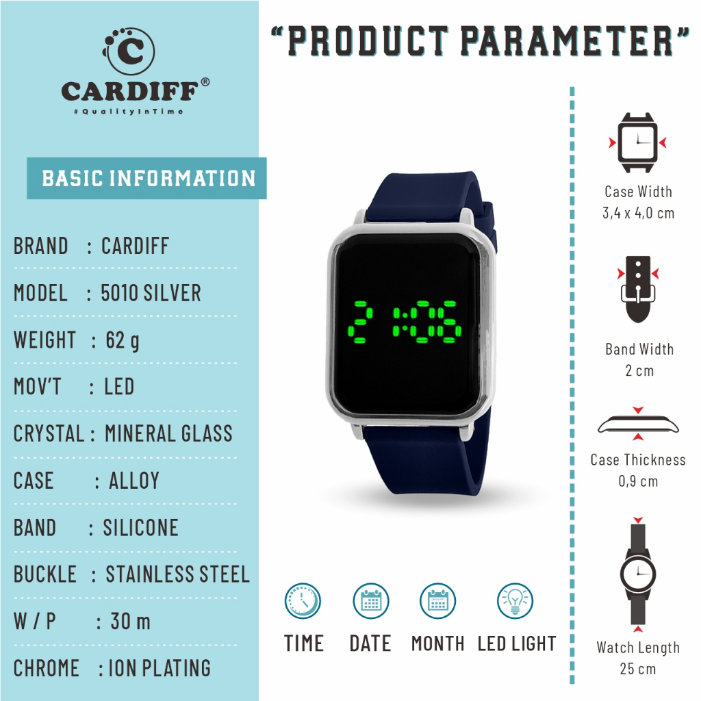 WTT CARDIFF Jam tangan LED sport pria wanita waterproof 5010 Silver Rubber Silicon Karet