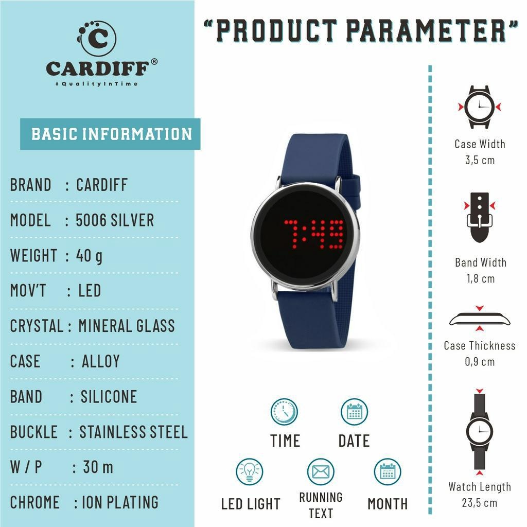 WTT CARDIFF Jam tangan LED sport pria wanita waterproof  5006  Silver Rubber Silicon Karet