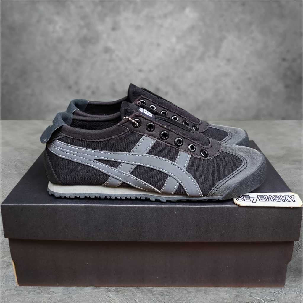 Sepatu Slip On Wanita Black Grey Bahan Kanvas Tanpa Tali