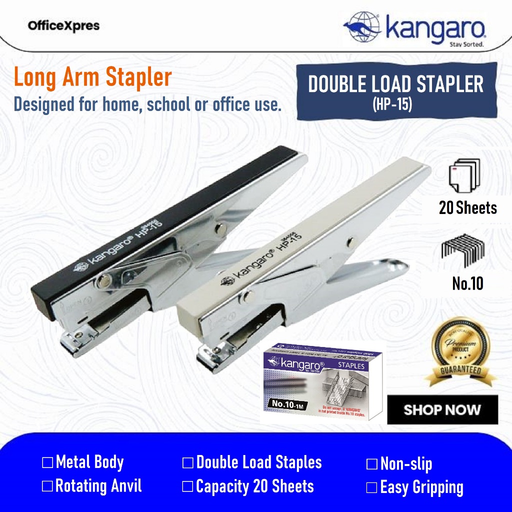 

Long Arm Stapler HP-15 / Stapler Jilid HP 15 / Stapler Buaya HP15 Kangaro / Stapler Standar HP-15 / Double Load Stapler No.10 / Hekter No 10