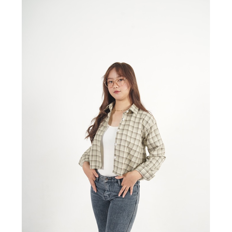Outin Xinglo - Kemeja Kotak Crop Lengan Panjang Wanita / Atasan Wanita Crop / Kemeja Kotak Kotak
