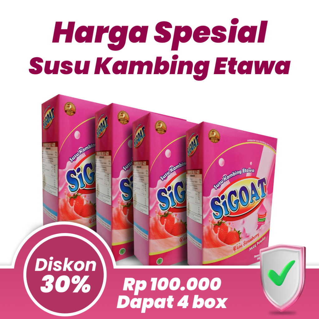 

Paket 4 Box SiGOAT Rasa Stroberi, Susu Etawa Bubuk Bantu Cegah Osteoporosis, Perkuat Tulang dan Sendi, Penambah Nafsu Makan, Meredakan Asam Lambung, Meningkatkan Imunitas, Menutrisi Otak Anak, Melancarkan Produksi ASI, Menutrisi Ibu Hamil