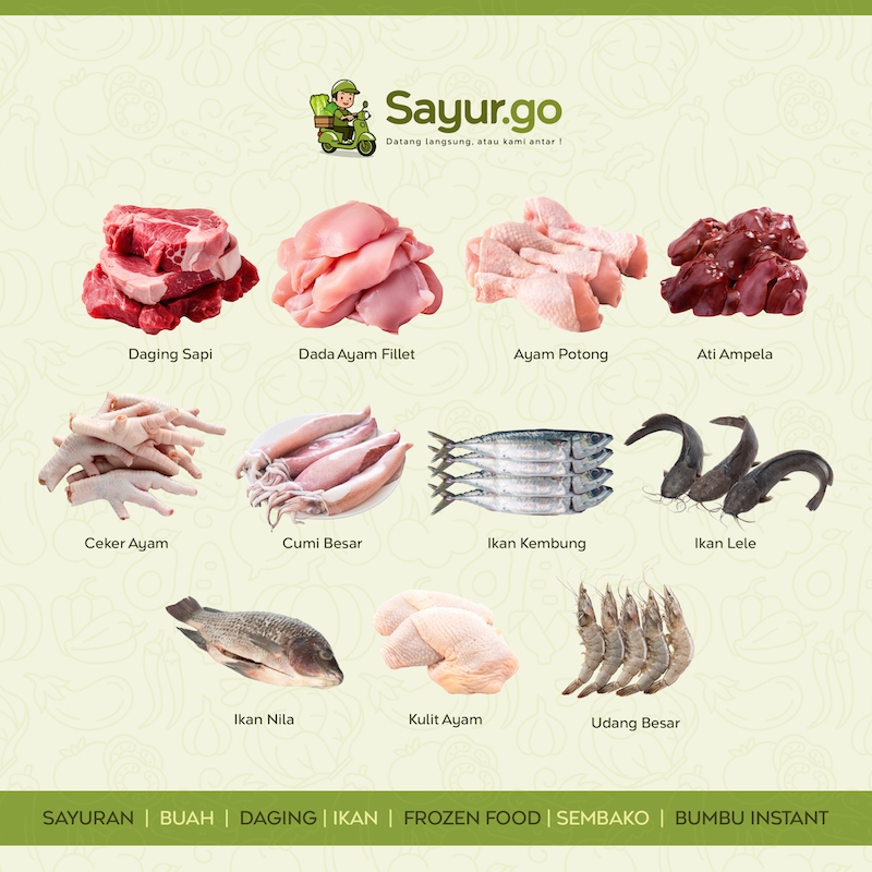 

Daging Sapi, Ayam Fillet, Ayam Potong, Ati Ampela, Ceker Ayam, Ikan Cumi, Kembung, Lele, Nila, Udang, Kulit Ayam | Toko Sayurgo Bandung