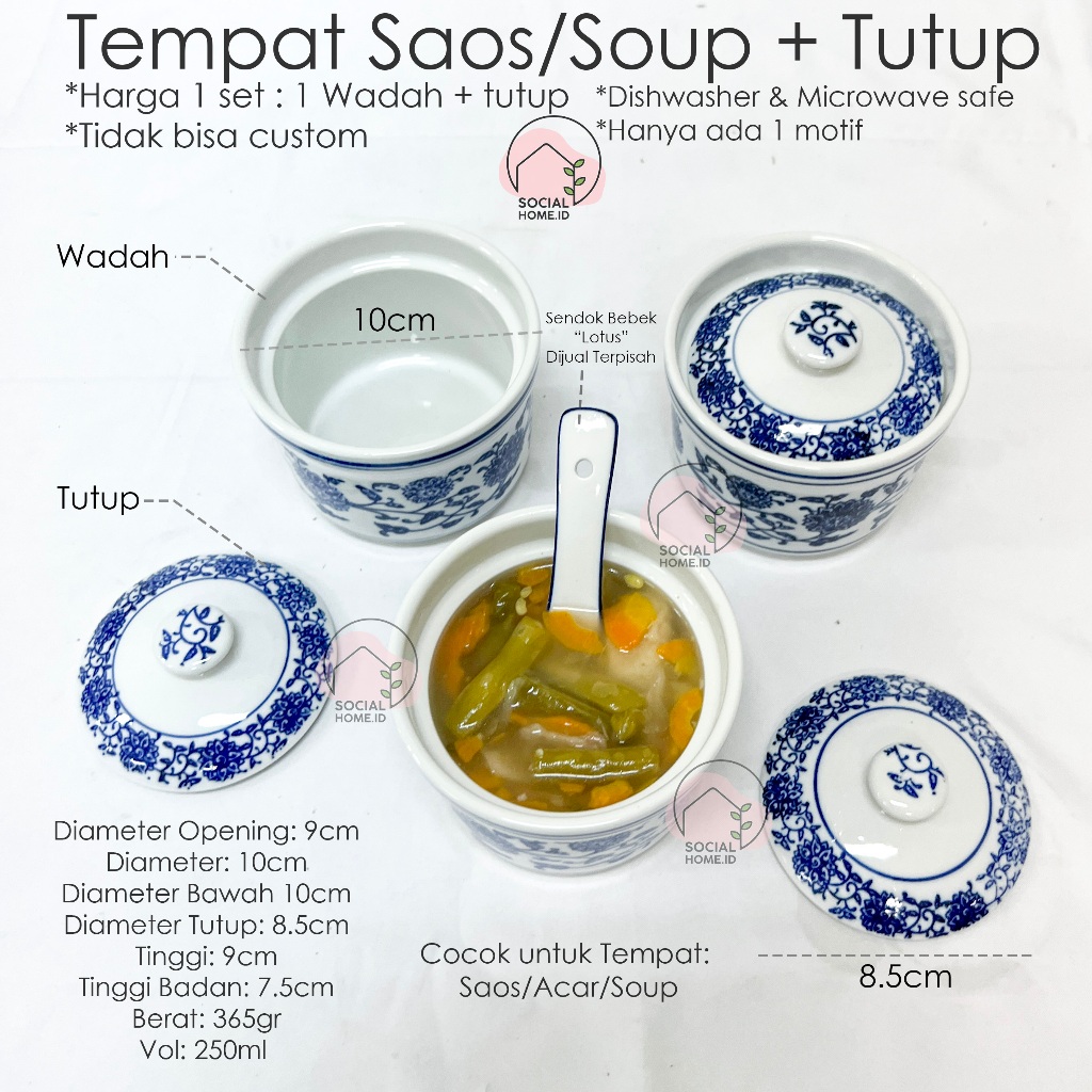 Tempat Mangkok Wadah Saos Saus Sambal Soup Sup Acar Dessert ada tutup, Keramik China, Porcelain Pors