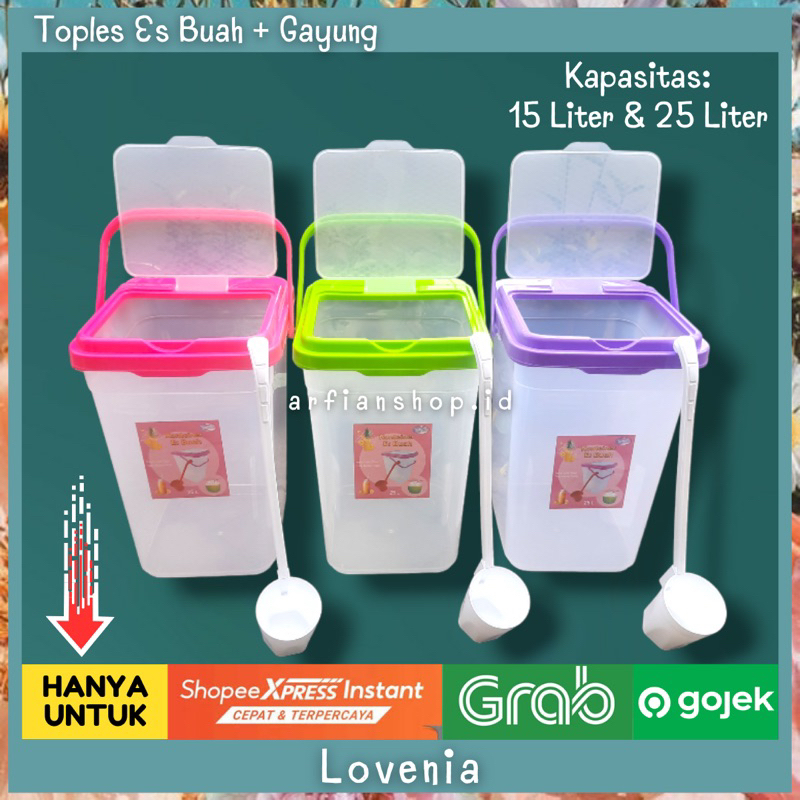 Toples Es Buah 15, 25 Liter + Gayung - Lovenia / Toples Gayung Toples Wadah Air / Aquarium Es Kelapa