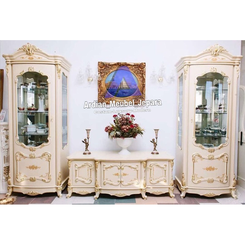 Lemari hias kayu jati + bufet pendek ukir