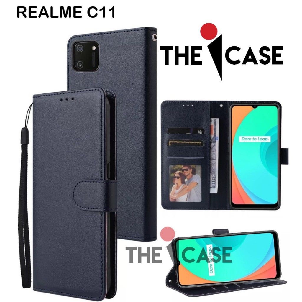 Casing REALME C11 model flip buka tutup case kulit ada tempat foto dan kartu juga tali hp flip cover