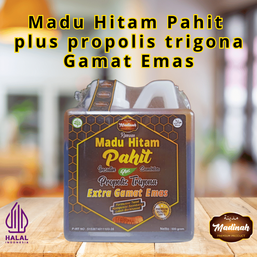 

Ramuan Madu Hitam Pahit Plus Propolis Trigona Extrak Gamat Emas 500 Gram