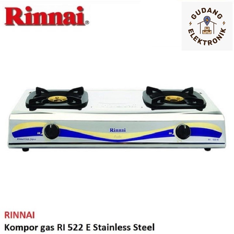 RINNAI KOMPOR STAINLESS STEEL RI 522E / RI-522E / RI 522 E / RI522 E (2 TUNGKU) GARANSI RESMI