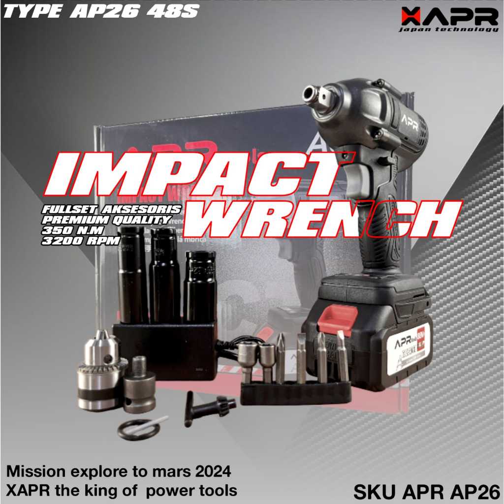 (PROMOSI) IMPACT WRENCH 48S AP26 APR JAPAN TECH MESIN PEMBUKA BAUT BAN MOBIL MOTOR CVT BATERAI CORDL
