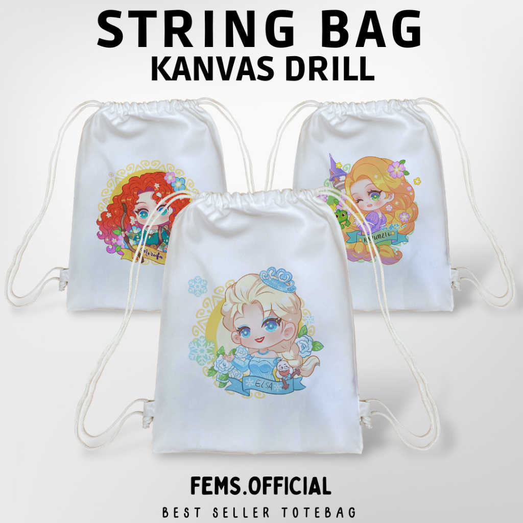 Tas Serut Kanvas Kartun Aesthetic String bag Putih Premium