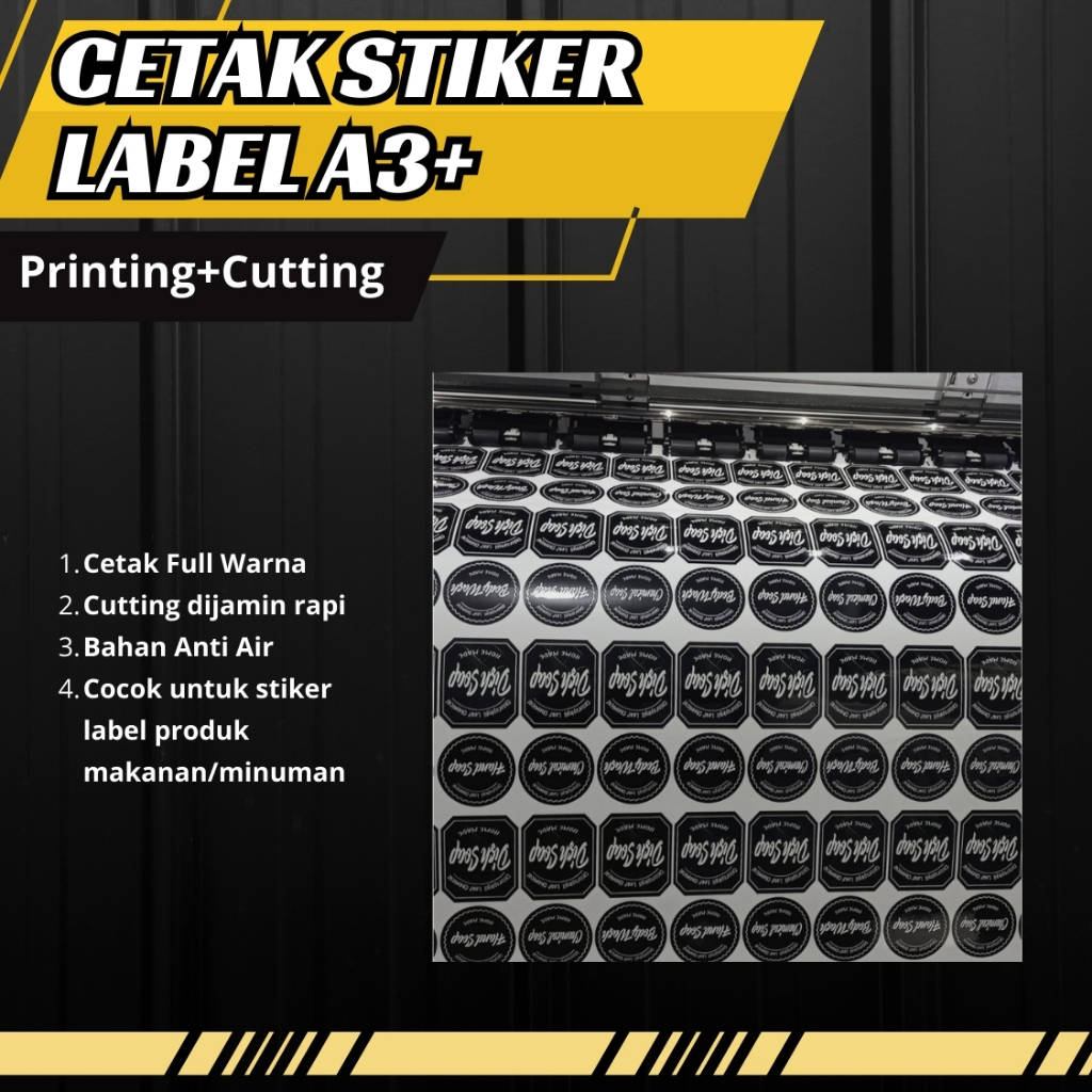 

CETAK STIKER LABEL CUSTOM BAHAN VINYL ANTI AIR A3 (PRINT+CUT)