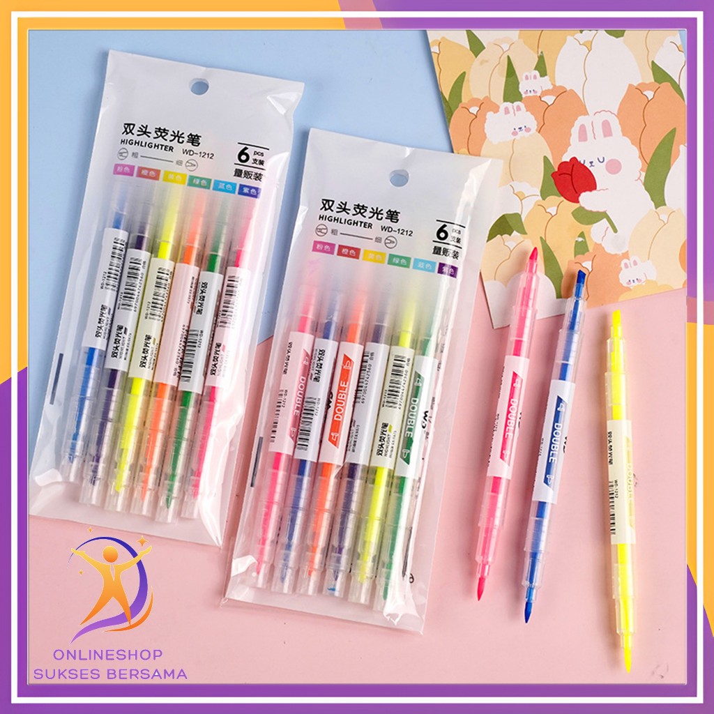 

OSB Stationery Lucu Unik Penanda Buku Warna Warni Pena Penanda Kepala Ganda 2 Arah Set Highlighter Dua Sisi Warna isi 6Pcs Pen 2 sisi Diary Marker