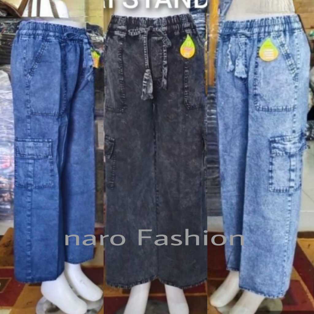TRENDY=Celana Jeans Cargo Tempel Wanita-Jeans  Highwaist Panjang-Celana Panjang Kantong Samping