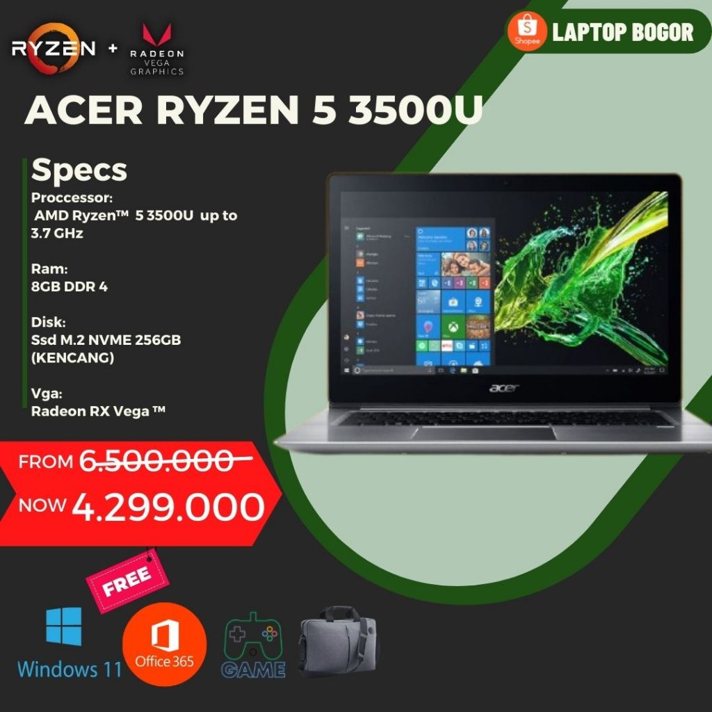 Laptop ACER SWIFT Ryzen 5 3500U SSD NVME 512GB GAMING EDITING LANCAR NOT CORE I5 I7 I3