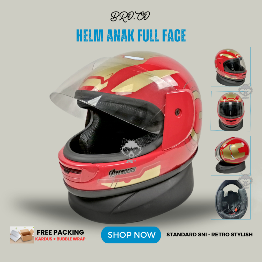 HELM FULL FACE ANAK ANAK KLASIK JUNIOR PREMIUM STANDARD SNI IRONMAN RED GLOSSY BROKIDS BRO.CO UNTUK 