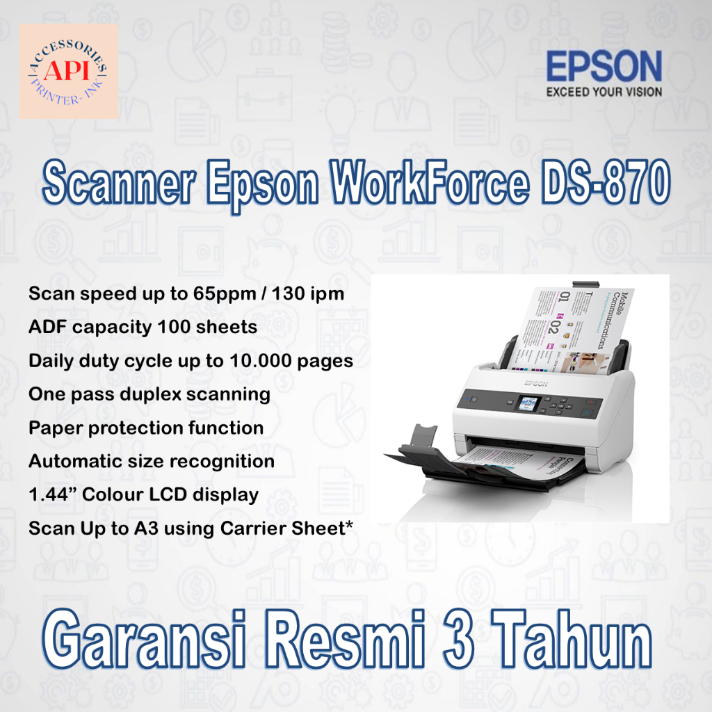 Scanner Epson WorkForce DS870 DS-870 DS 870 A4 F4 Duplex Sheet-fed Document Scanner