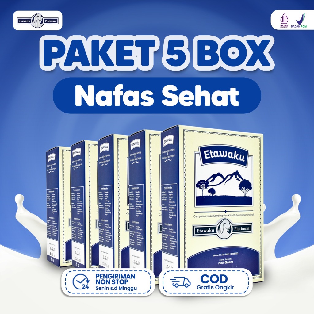 

ETAWAKU PAKET 5 BOX - Etawaku Susu Etawa Premium Atasi Masalah Pernafasan Nyeri Sendi Asam Urat Menambah Kepadatan Tulang Berkhasiat Tinggi Rendah Lemak 200 gr