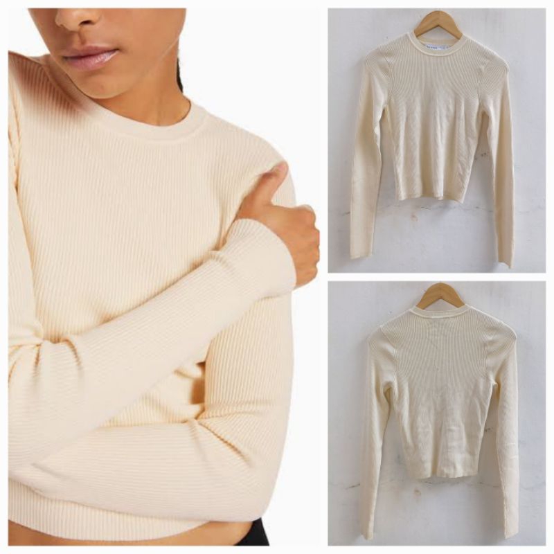 BERSHKA WOMAN SWEATER RIBBED CREAM BARU ASLI ORIGINAL
