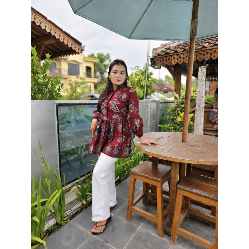 BLOUSE WANITA LENGAN BALON MOTIF MEGA MERAH MERAH MAROON BAHAN KATUN PRIMISIMA