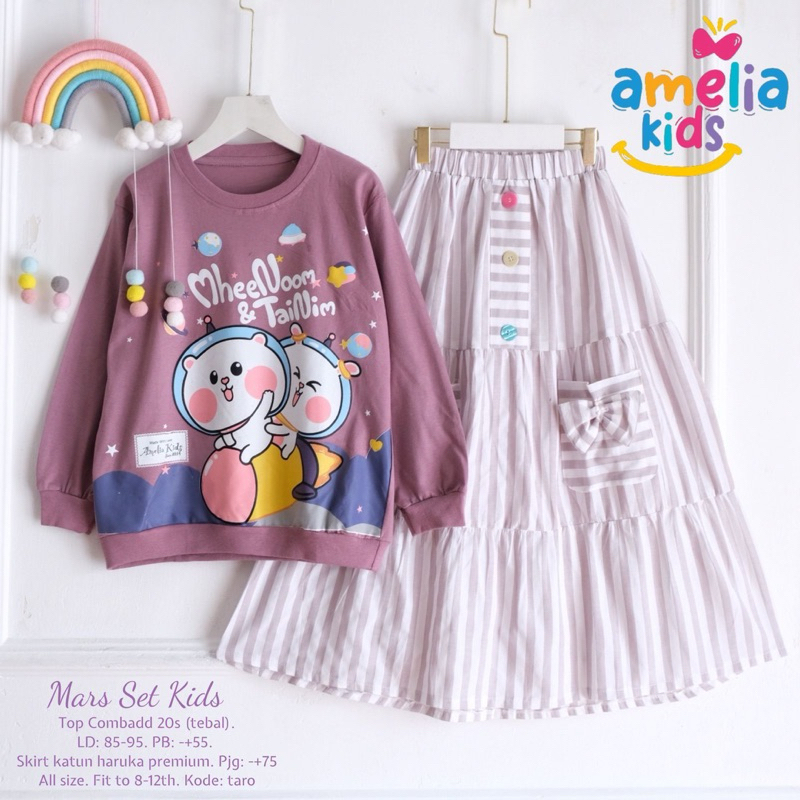 SETELAN KAOS ROK MOTIF ANAK PEREMPUAN 8-12 TAHUN || MARS SET AMELIA KIDS ORIGINAL