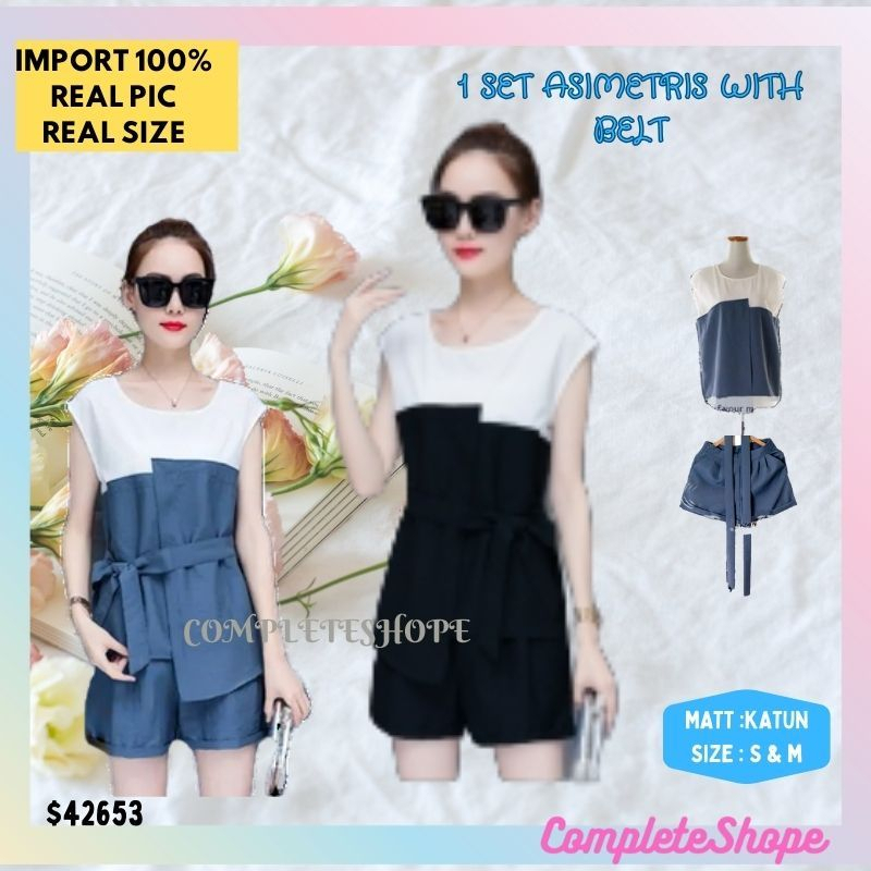 SETELAN WANITA ATASAN BLOUSE DAN BAWAHAN CELANA PENDEK WANITA REMAJA PUTRI ASIMETRIS WITH BELT BAJU 