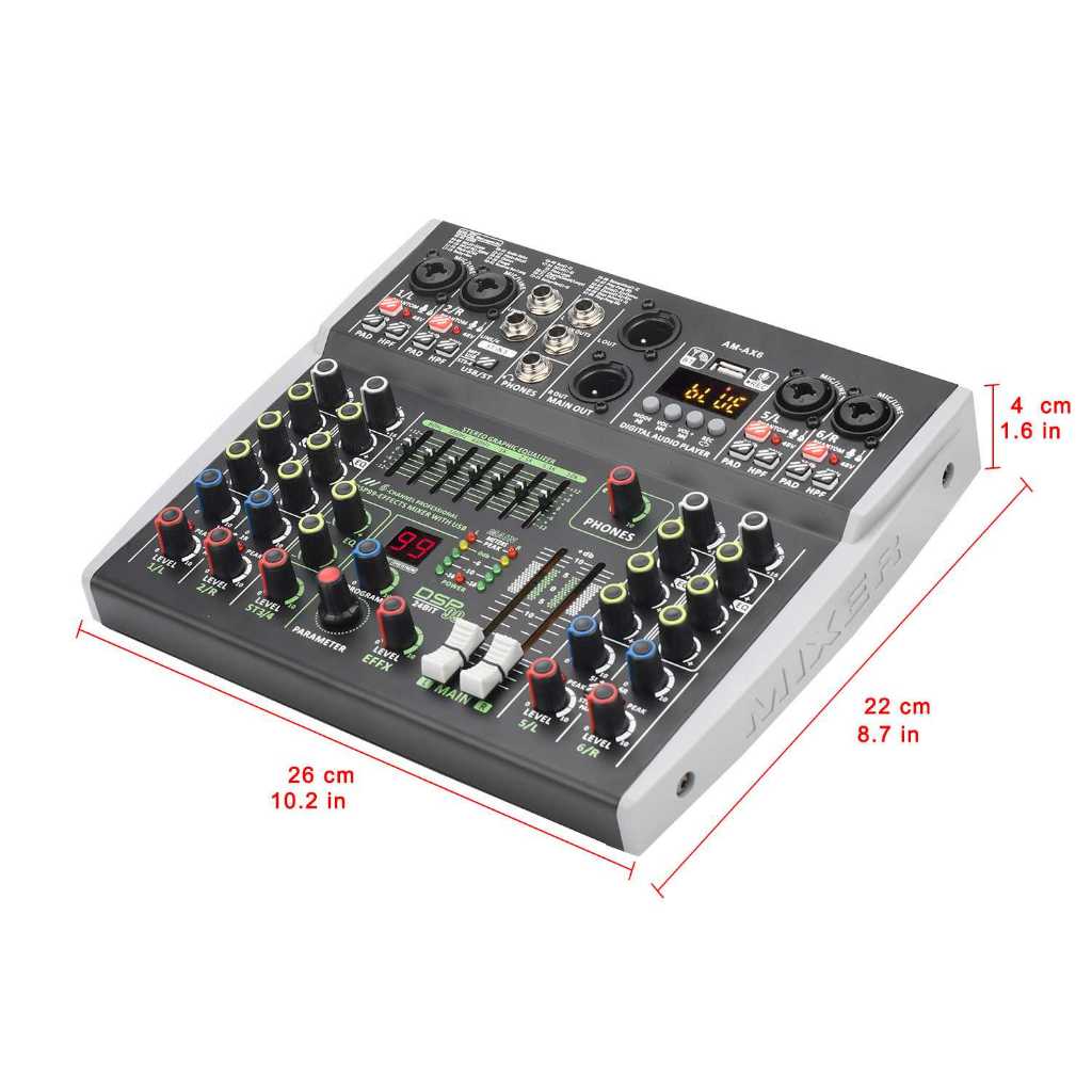 Mixer Audio Professional DSP 99 Effects Bluetooth USB 6 Channel