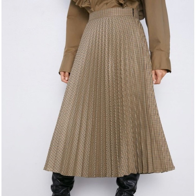 PRELOVED ZARA Brown Tan Houndstooth Pleated Midi Skirt/ Zara tweed pleated midi skirt/ Zara pleated 