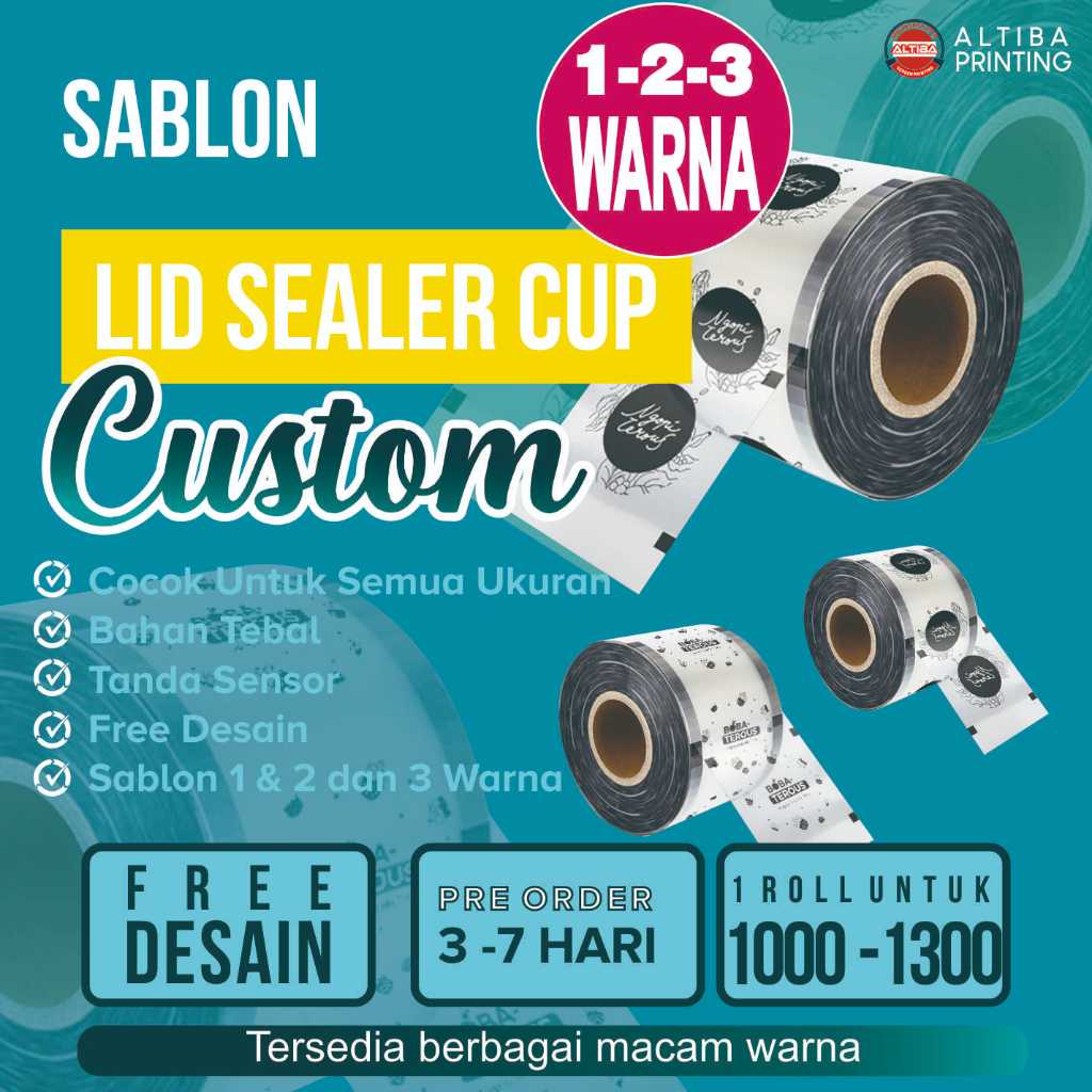 Sablon Custom Plastik Sealing Cup - Tutup Cup Minuman Cetak Logo - Cocok Cup 10 –22 Oz