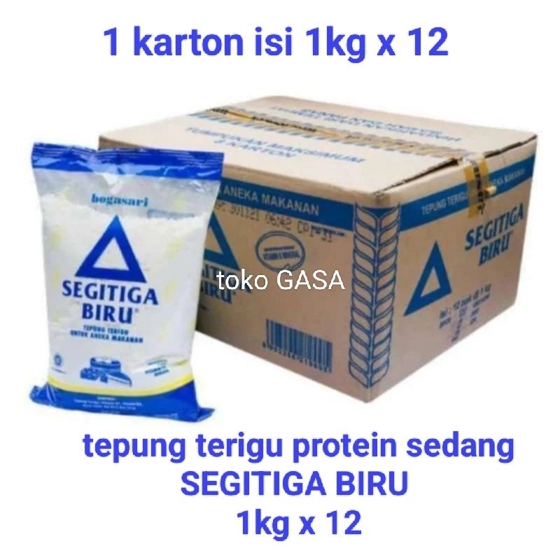 

tepung terigu segitiga biru kemasan 1kg (1 dus isi 12)/protein sedang dari Bogasari/tepung berkualitas terbaik/ 1crt /1 karton isi 1kg x 12