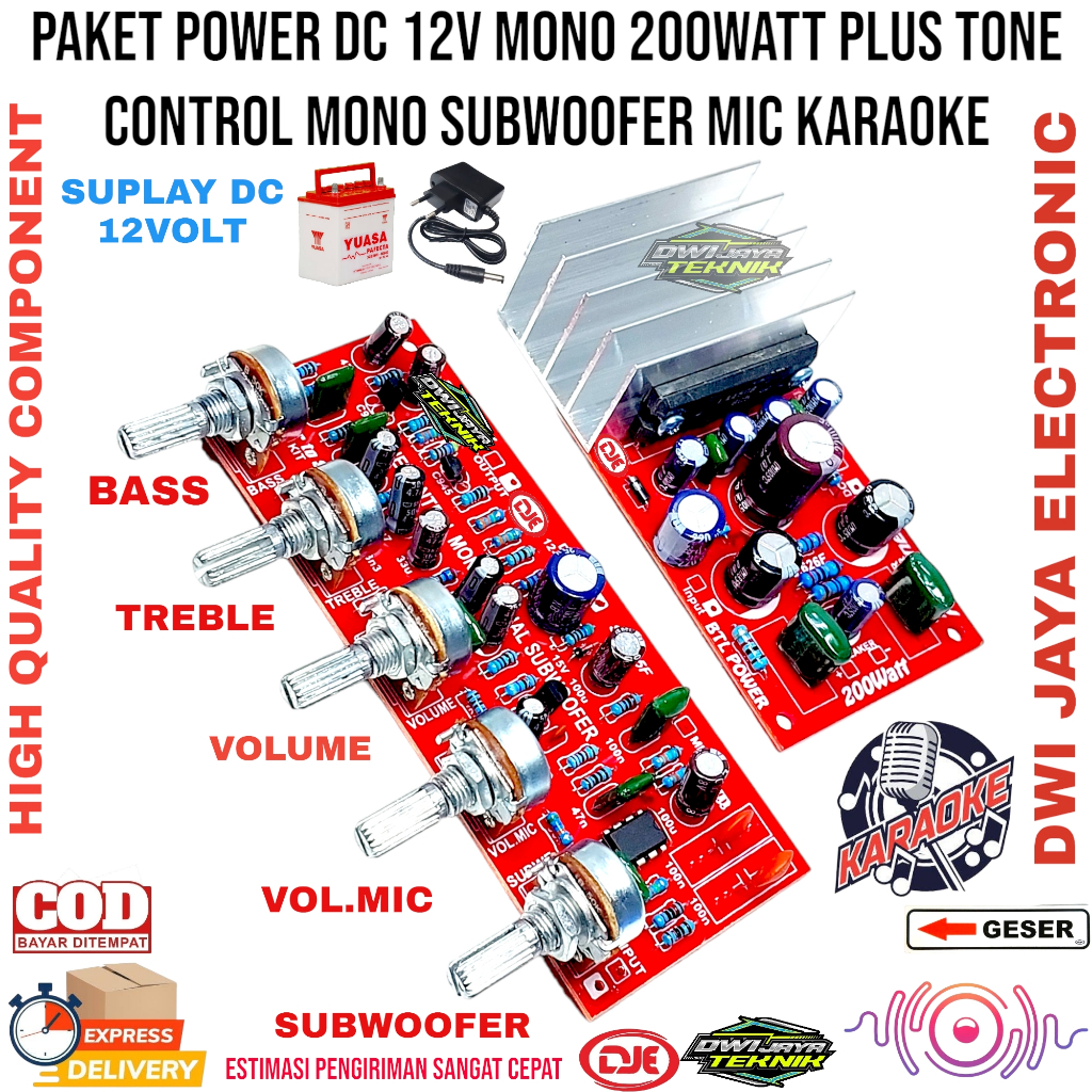 Paket Power DC 12Volt Mono 200Watt Plus Tone Control Mono Subwoofer Plus Mic Karaoke