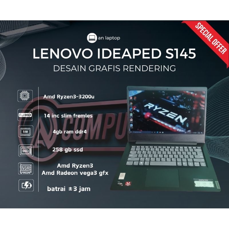 Lenovo ideaped s145 laptop gahar Ryzen3 gamming desain rendering