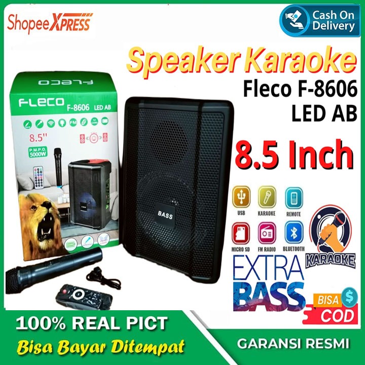 SPEAKER BLUETOOTH FLECO F-8606 AB LED 8'5 INCH FREE MIC KARAOKE + REMOTE - SPEAKER KARAOKE FULL BASS